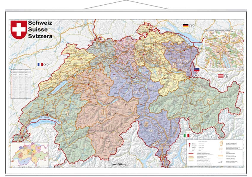 Schweiz Postleitzahlen 1 : 400 000. Wandkarte laminiert mit Metallbeleitung