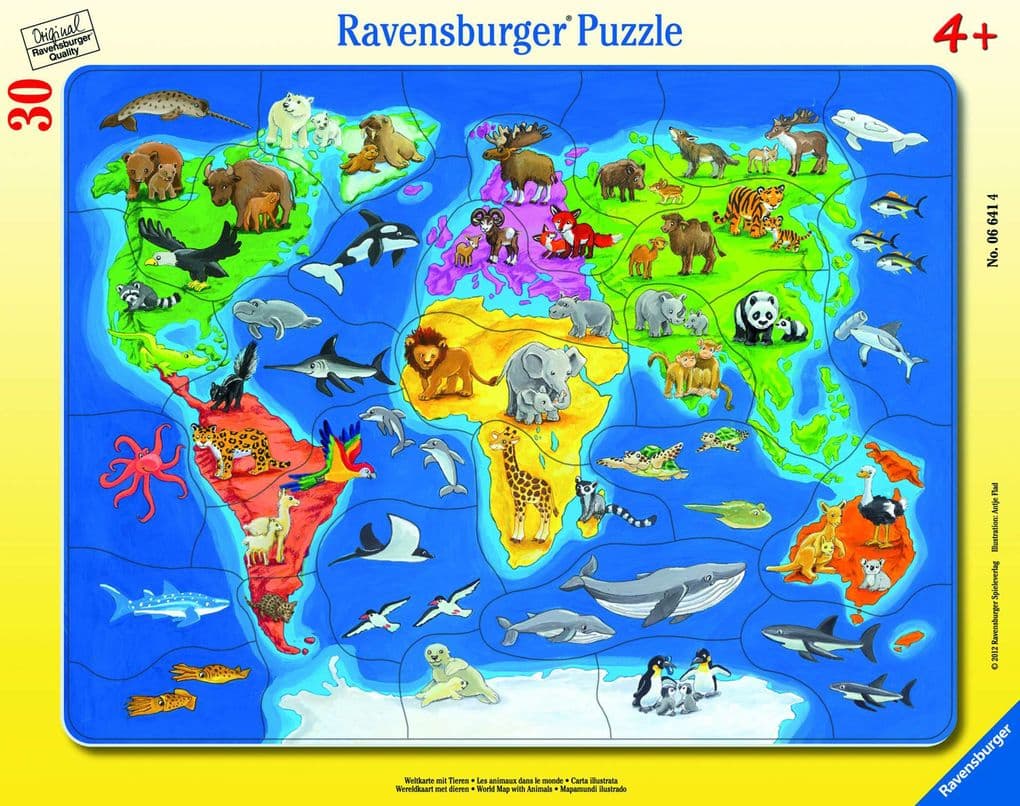 Weltkarte mit Tieren. Rahmenpuzzle 30 Teile