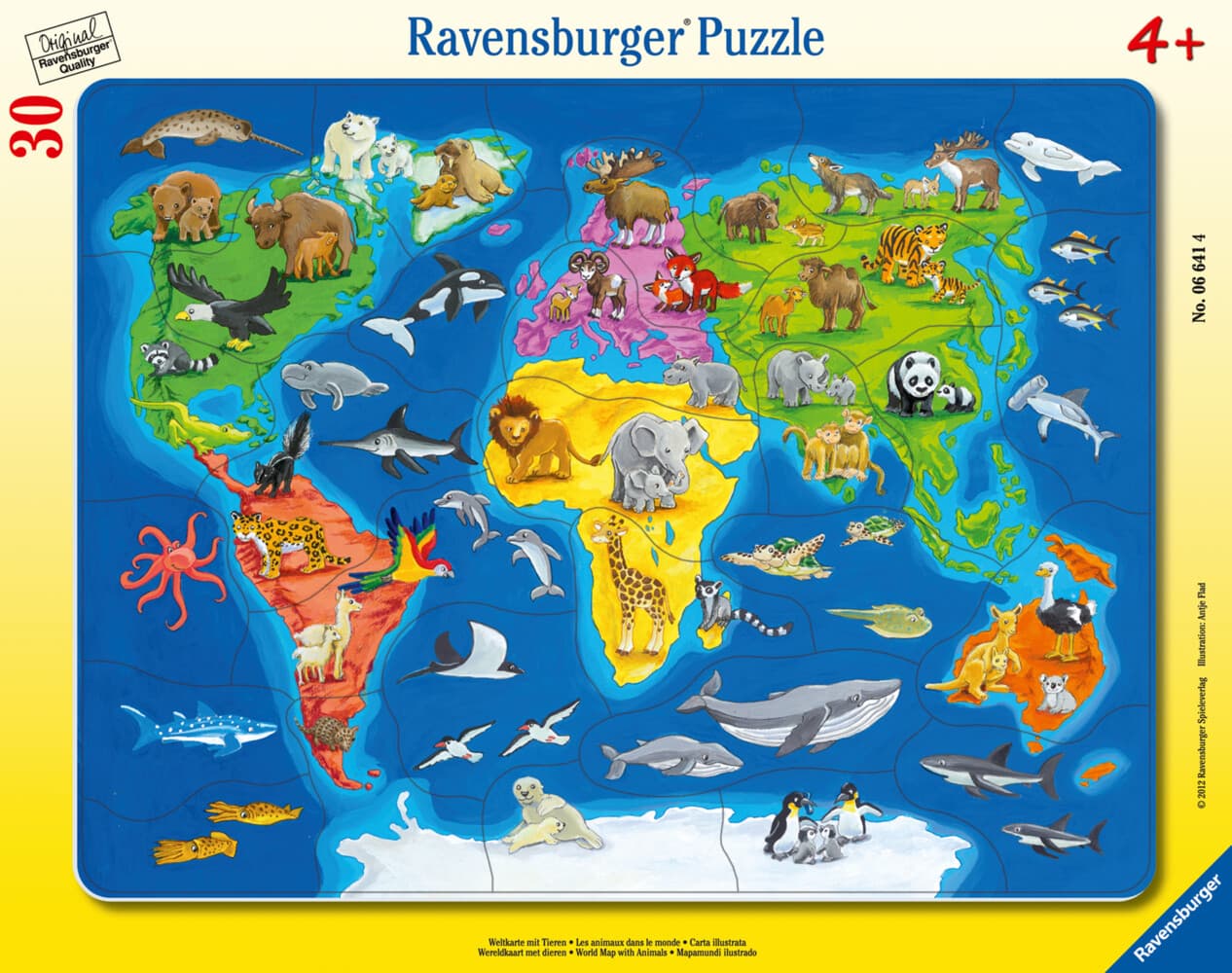 Weltkarte mit Tieren. Rahmenpuzzle 30 Teile