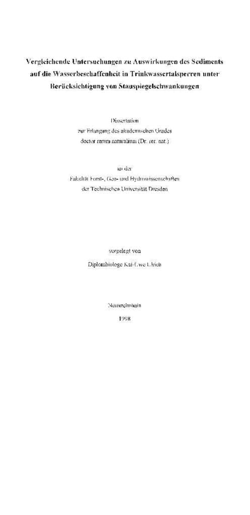 Vergleichende Untersuchungen zur Auswirkungen des Sediments auf die Wasserbeschaffenheit in Trinkwassertalsperren unter Berücksichtigung von Stauspiegelschwankungen