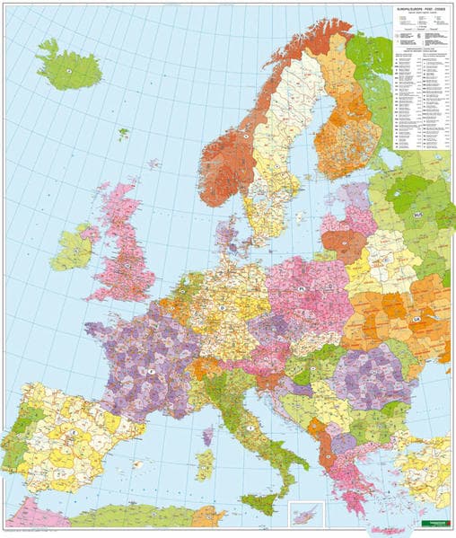 Postleitzahlenkarte Europa 1 : 3 700 000. Poster-Karte mit Metallbestäbung