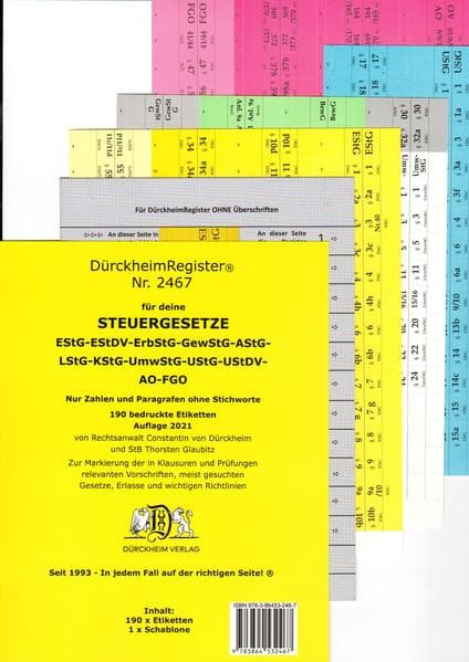 DürckheimRegister® Steuergesetze EStG-EStDV-Erb-StG-GewStG-AStG-LStG-KStG-UmwStG-UStF-UStDV-AO-FGO