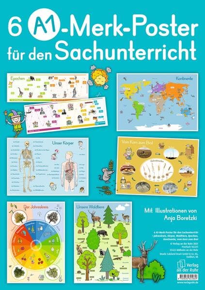 6 A1-Merk-Poster für den Sachunterricht Jahreskreis, Körper, Waldtiere, Epochen, Kontinente, vom Korn zum Brot