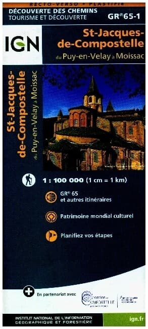 Jakobsweg GR65-1 - Saint Jacques Le Puy en Velay - Moissac - Touristische Karte 1:100.000 (wasserfest)