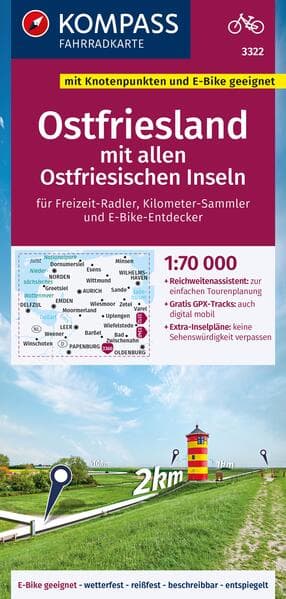 KOMPASS Fahrradkarte 3322 Ostfriesland mit allen Ostfriesischen Inseln mit Knotenpunkten 1:70.000