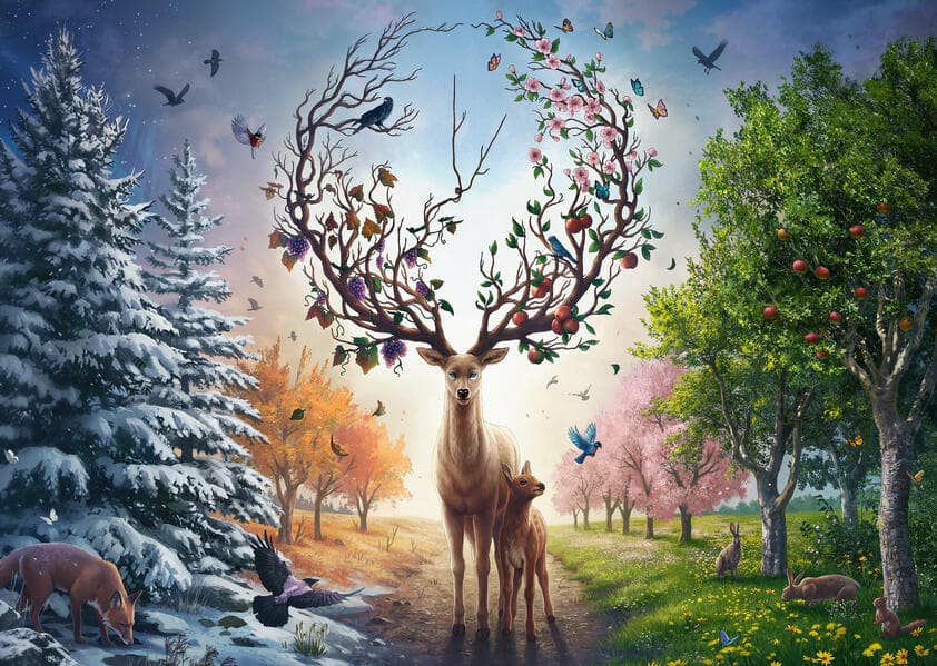 Erwachsenenpuzzle 1000 Teile - Der magische Hirsch und die vier Jahreszeiten