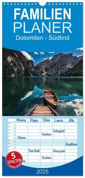 Familienplaner 2025 - Dolomiten - Südtirol mit 5 Spalten (Wandkalender, 21 x 45 cm) CALVENDO