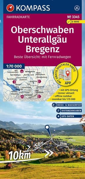KOMPASS Fahrradkarte 3345 Oberschwaben, Unterallgäu, Bregenz 1:70.000