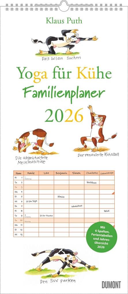 Yoga für Kühe Familienplaner 2026 - Wandkalender - Familien-Kalender mit 6 Spalten - Format 22 x 49,5 cm