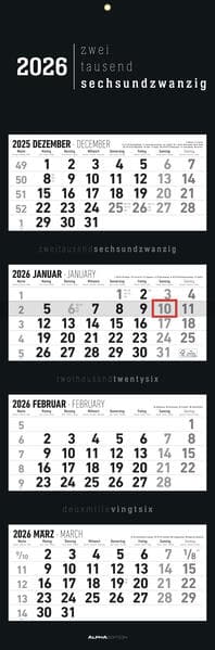 4-Monatskalender Black 2026 - Büro-Kalender 33x20 cm (geschlossen), 33x100 (geöffnet) - faltbar - mit Datumsschieber - Alpha Edition