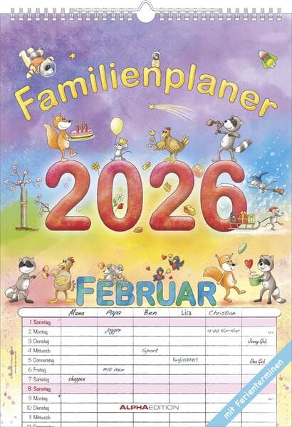 Familienplaner Cartoon 2026 - Familienkalender A3 (29,7x42 cm) - mit 6 Spalten, Ferienterminen (DE/AT/CH) und viel Platz für Notizen - Wandkalender