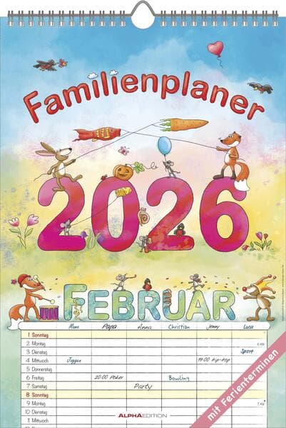 Familienplaner Cartoon 2026- Bildkalender 23,7x34 cm - 6 Spalten - Kalender mit Platz für Notizen - mit vielen Zusatzinformationen - Wandkalender