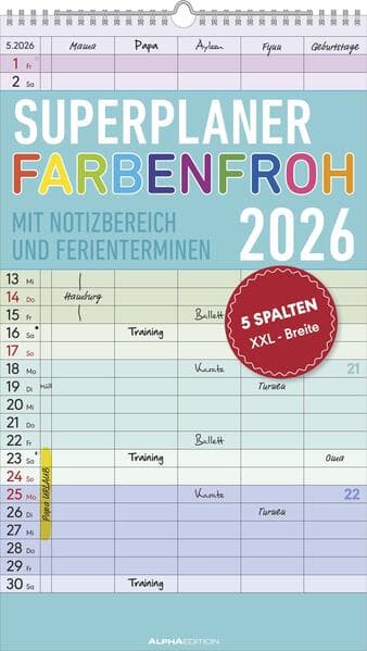 Superplaner Farbenfroh 2026 - 5 Spalten - Familienkalender 26x45 cm - Offset-Papier - mit Ferienterminen - Wandkalender - Wandplaner