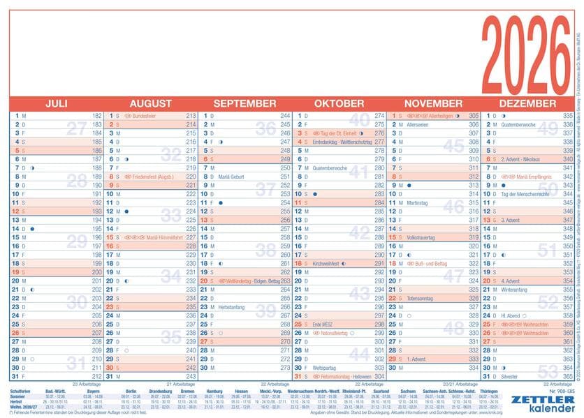 Arbeitstagekalender 2026 - A4 (29 x 21 cm) - 6 Monate auf 1 Seite - Tafelkalender - auf Pappe kaschiert - Jahresplaner - 908-1315