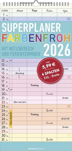 Superplaner Farbenfroh 2026 mit 4 Spalten - Familien-Timer 22x45 cm - Offset-Papier - mit Ferienterminen - Wand-Planer - Familienkalender - Alpha Edition