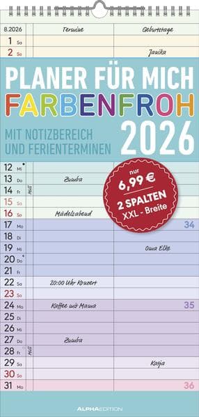Planer für mich Farbenfroh 2026 - Familien-Timer 22x45 cm - mit Ferienterminen - Wand-Planer - mit vielen Zusatzinformationen - Alpha Edition
