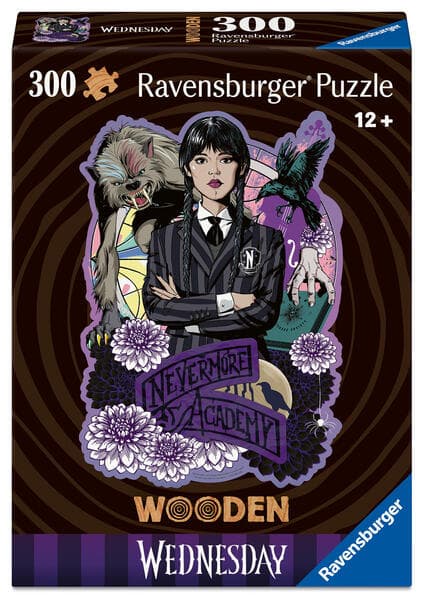 Ravensburger WOODEN Puzzle 12001538 - WEDNESDAY - 300 Teile Kontur-Holzpuzzle mit stabilen, individuellen Puzzleteilen und 25 kleinen Whimsies, für Fans der Serie "Wednesday" ab 12 Jahren