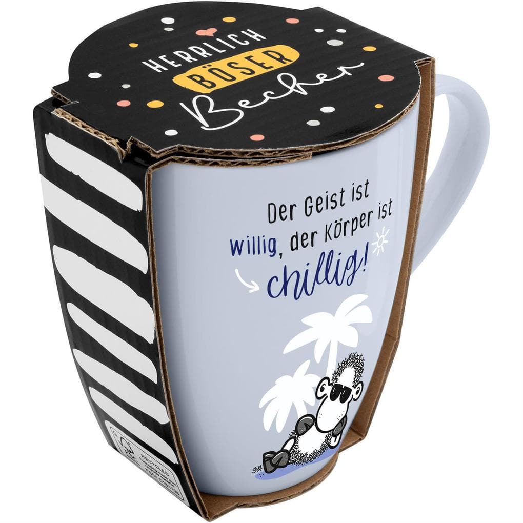 Tasse mit Motivdruck "Der Geist ist willig, der Körper ist chillig!", mit Banderole