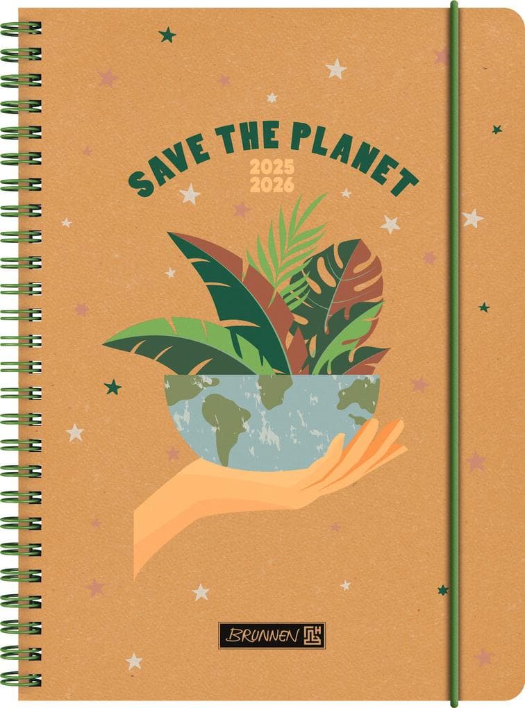 BRUNNEN Schülerkalender (2025/2026) "Save The Planet", 2 Seiten = 1 Woche, A5, 208 Seiten, Recyclingleder-Umschlag, mehrfarbig