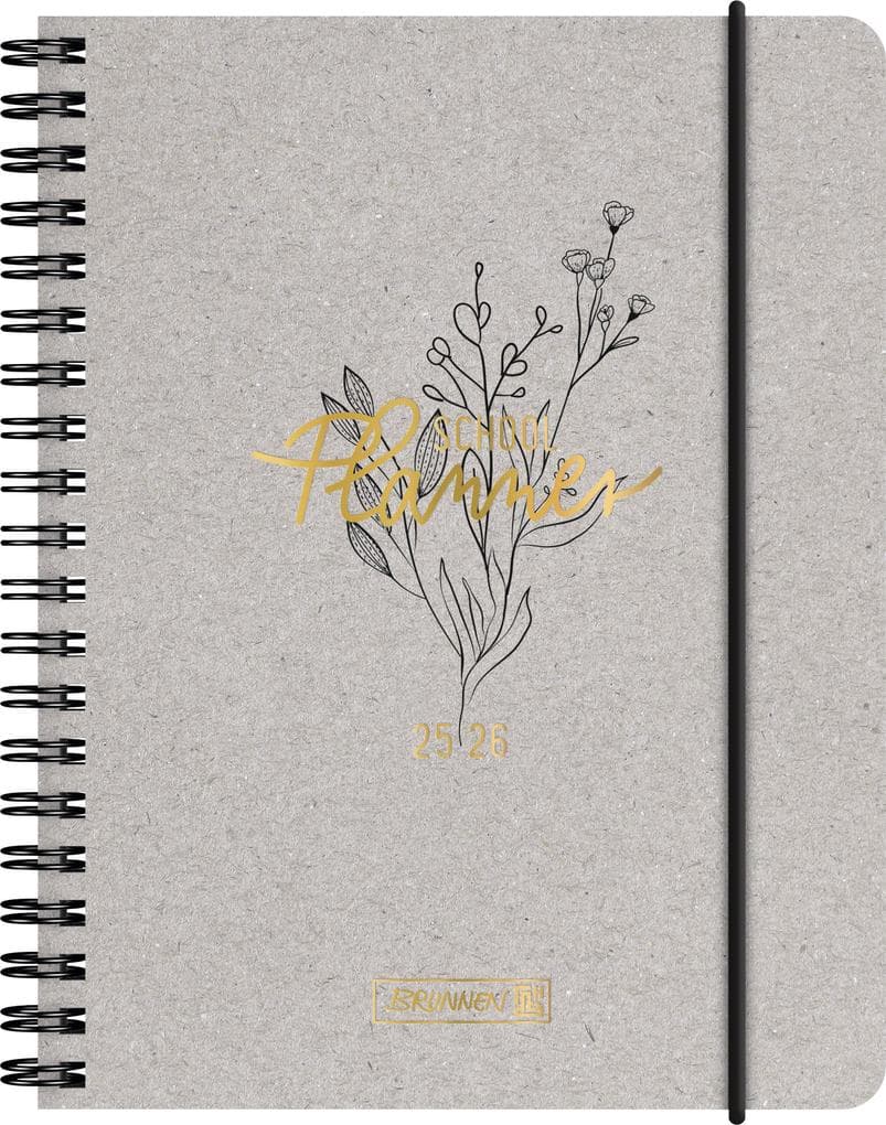 BRUNNEN Schülerkalender (2025/2026) "Botanical", 2 Seiten = 1 Woche, A6, 208 Seiten, Naturkarton-Umschlag, grau