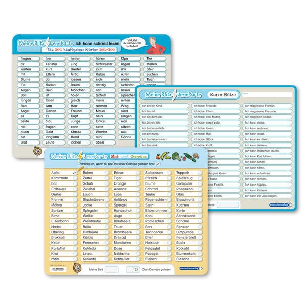 3 Blitzlesekarten im Set - 200 häufigste Wörter - Sätze - Suchwörter