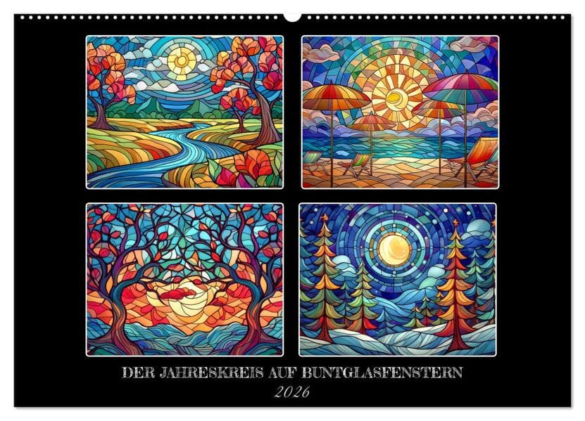 Der Jahreskreis auf Buntglasfenstern (Wandkalender 2026 DIN A2 quer), CALVENDO Monatskalender