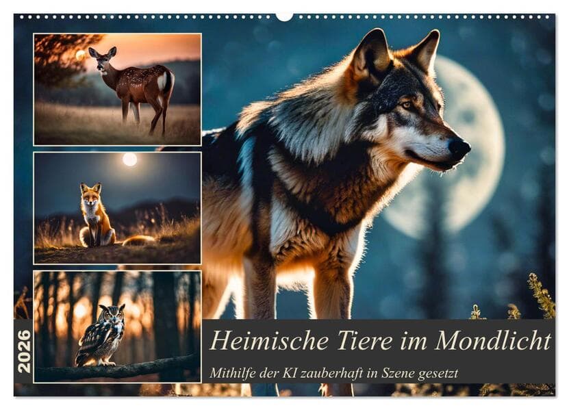 Heimische Tiere im Mondlicht (Wandkalender 2026 DIN A2 quer), CALVENDO Monatskalender