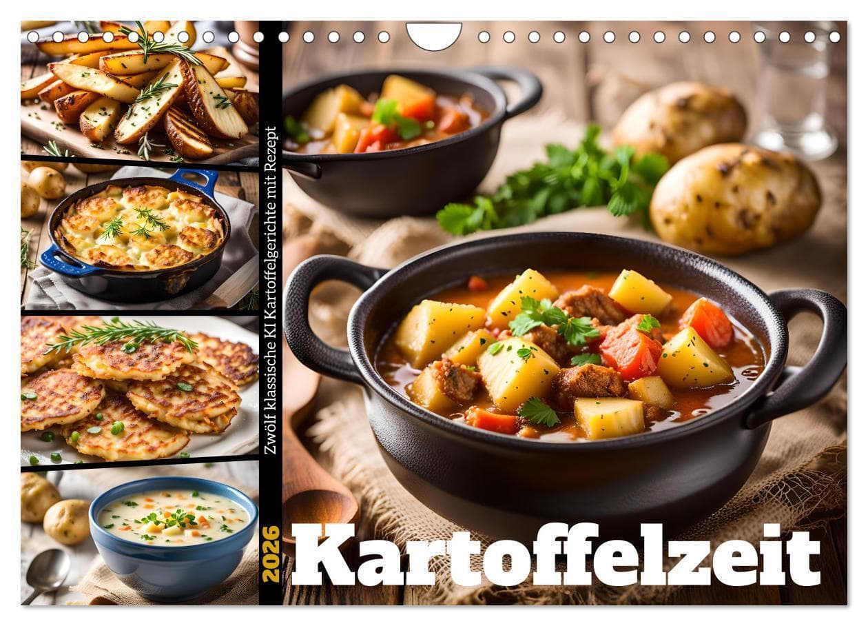 Kartoffelzeit - Zwölf klassische KI Kartoffelgerichte mit Rezept (Wandkalender 2026 DIN A4 quer), CALVENDO Monatskalender