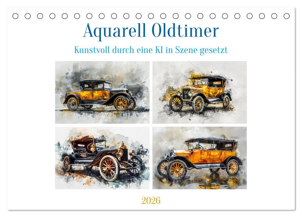Aquarell Oldtimer (Tischkalender 2026 DIN A5 quer), CALVENDO Monatskalender
