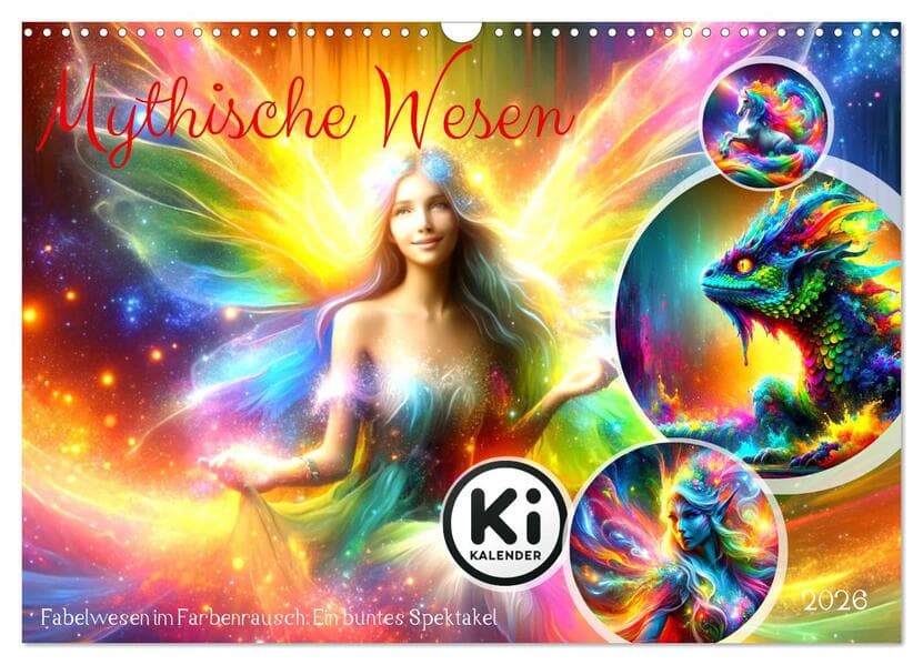 Mythische Wesen - Fabelwesen im Farbenrausch: Ein buntes Spektakel (Wandkalender 2026 DIN A3 quer), CALVENDO Monatskalender