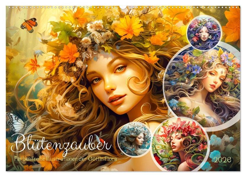 Blütenzauber - Farbenfrohe Illustrationen der Göttin Flora (Wandkalender 2026 DIN A2 quer), CALVENDO Monatskalender