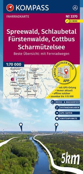 KOMPASS Fahrradkarte 3370 Spreewald, Schlaubetal, Fürstenwalde, Cottbus, Scharmützelsee mit Knotenpunkten 1:70.000