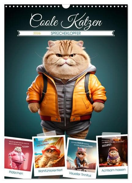 COOLE KATZEN Sprücheklopfer (Wandkalender 2026 DIN A3 hoch), CALVENDO Monatskalender