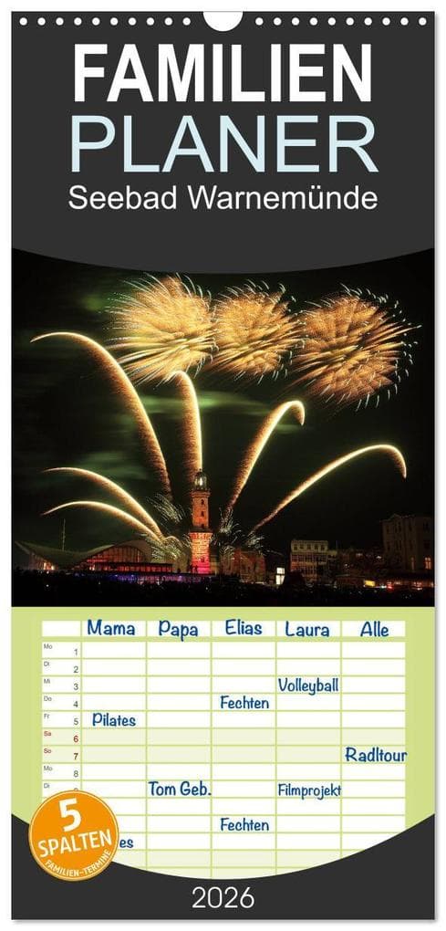 Familienplaner 2026 - Seebad Warnemünde mit 5 Spalten (Wandkalender, 21 x 45 cm) CALVENDO