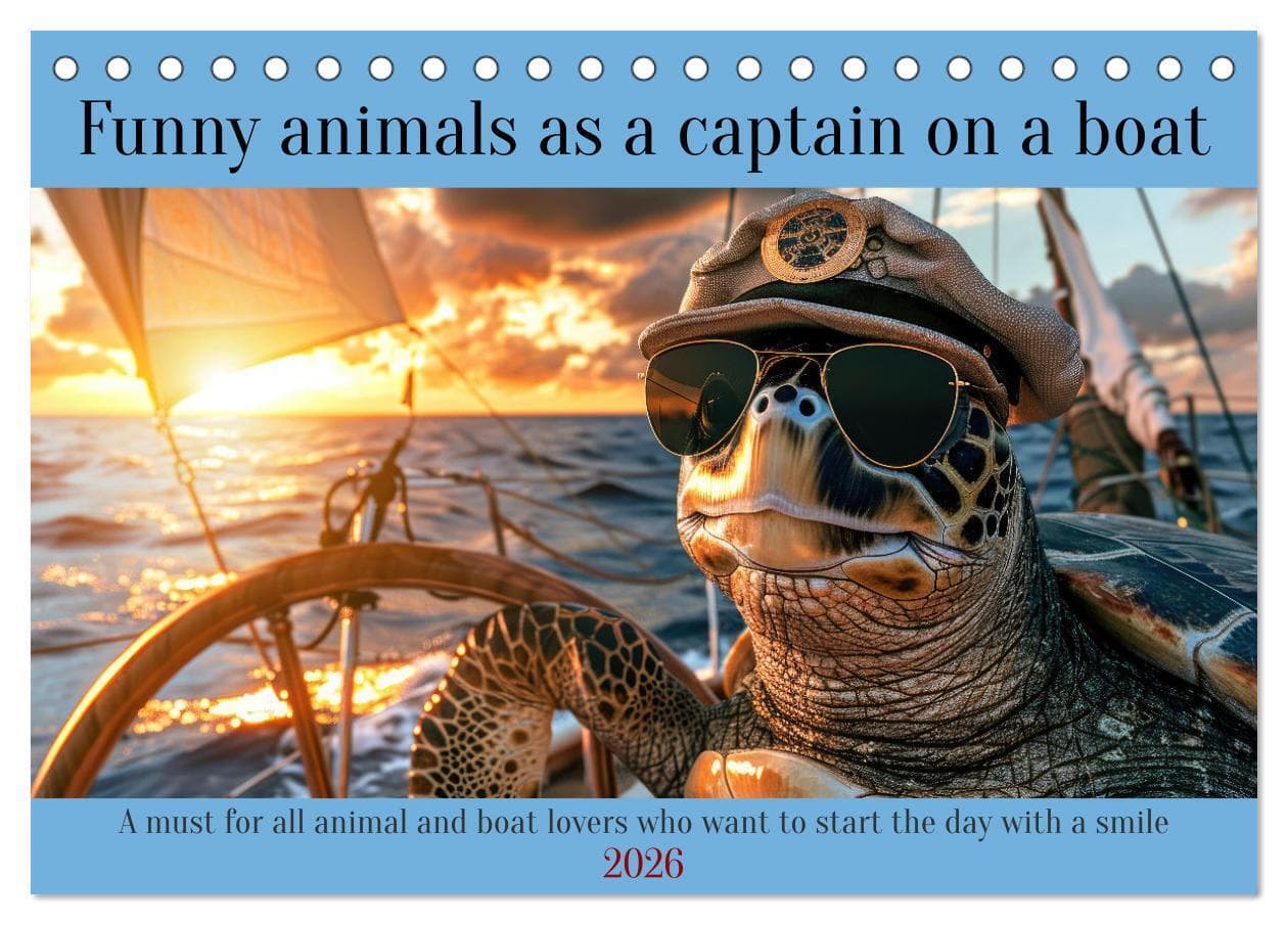 Funny animals as a captain on a boat (Desk Calendar 2026 DIN A5 landscape), CALVENDO 12 Month DeskCalendar