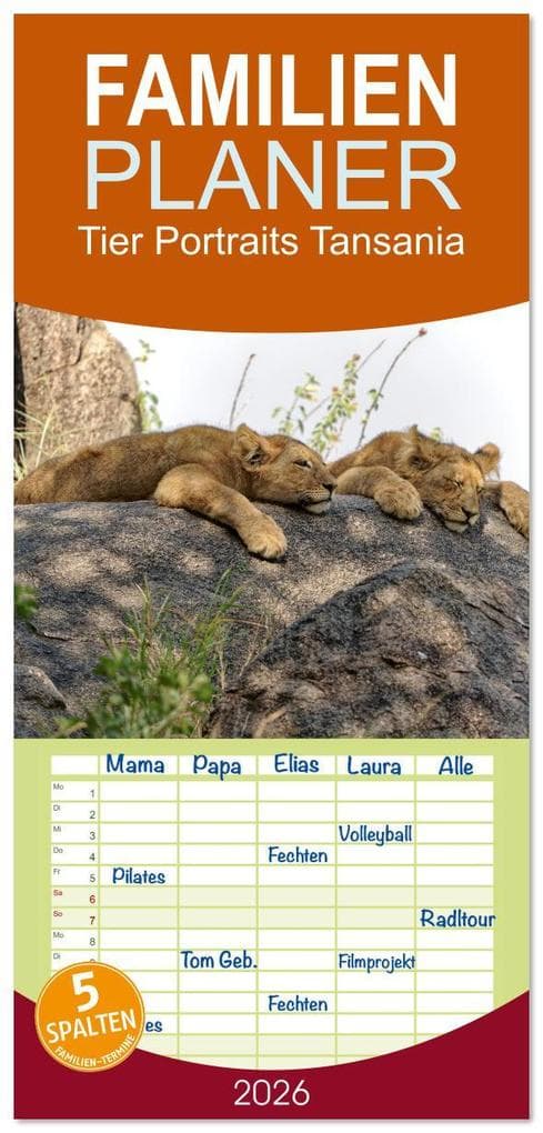 Familienplaner 2026 - Tier Portraits Tansania mit 5 Spalten (Wandkalender, 21 x 45 cm) CALVENDO