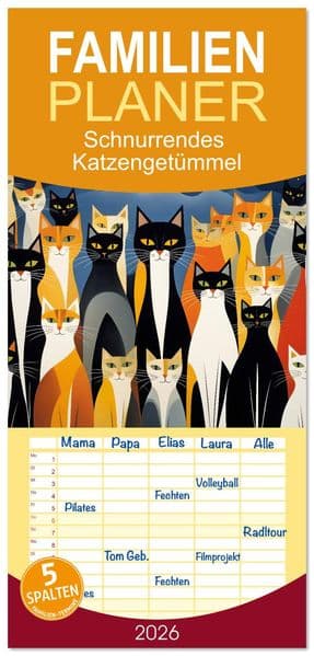 Familienplaner 2026 - Schnurrendes Katzengetümmel mit 5 Spalten (Wandkalender, 21 x 45 cm) CALVENDO
