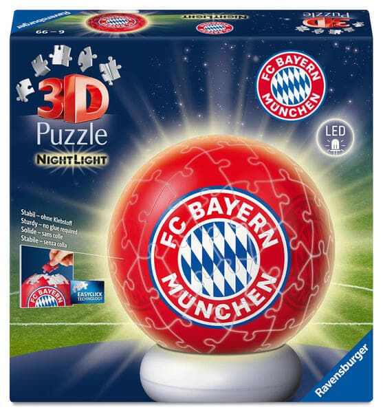 Ravensburger 3D Puzzle Nachtlicht FC Bayern München - Puzzle-Ball mit LED Nachtlicht als Nachttischlampe für Kinder ab 6 Jahren