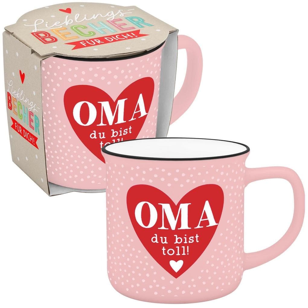 Becher in Emailloptik "Oma du bist toll!"