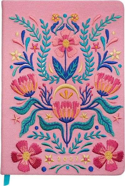 Taschenkalender A5 2027: Blütenmotiv, bestickt, rosa