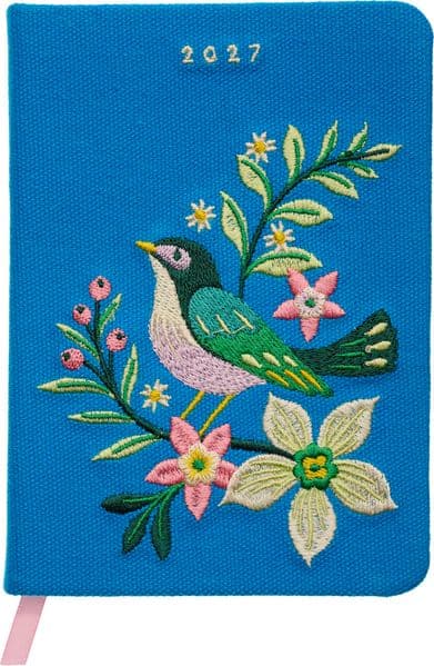 Taschenkalender A6 2027: Vogel und Blüten, bestickt, blau