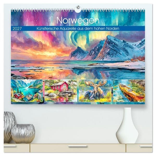 Norwegen. Künstlerische Aquarelle aus dem hohen Norden (hochwertiger Premium Wandkalender 2027 DIN A2 quer), Kunstdruck in Hochglanz