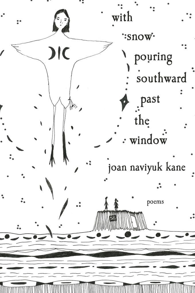 with snow pouring southward past the window
