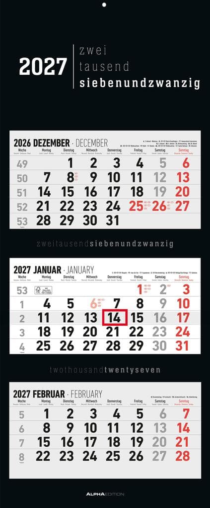 3-Monatskalender Black 2027