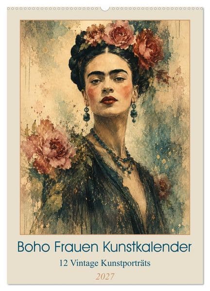 Boho Frauen Kunstkalender - 12 Vintage Kunstporträts (Wandkalender 2027 DIN A2 hoch), CALVENDO Monatskalender