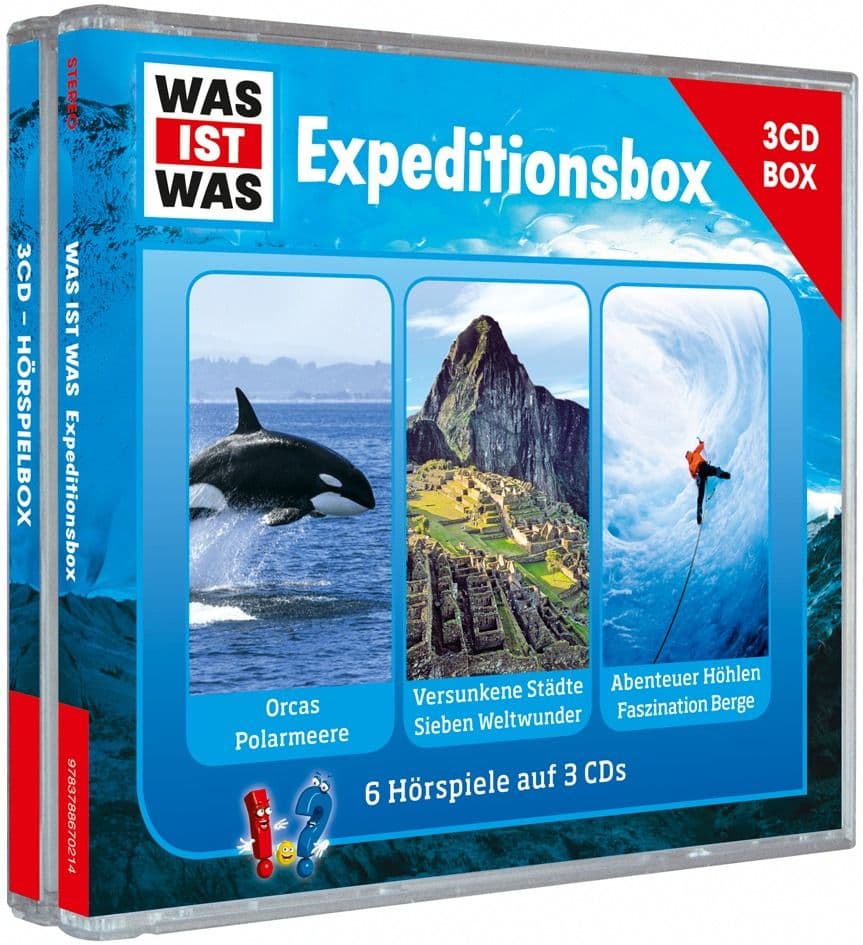 WAS IST WAS 3-CD-Hörspielbox "Expedition": Orcas/ Polarmeere, Versunkene Städte/ Die sieben Weltwunder, Abenteuer Höhlen/ Faszination Berge