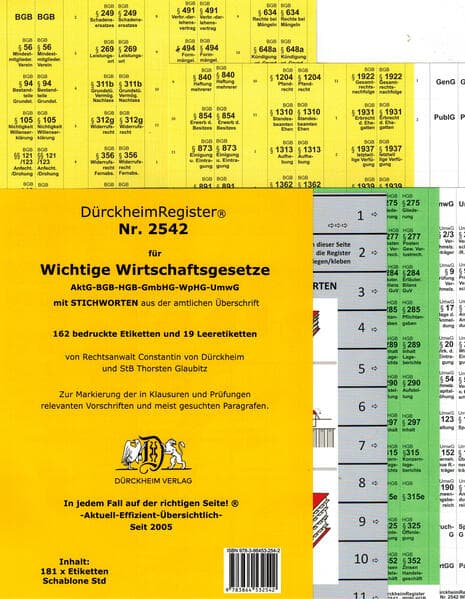 DürckheimRegister® WICHTIGE WIRTSCHAFTSGESETZE (BGB, HGB, GmbHG, AktG, UmwG) MIT Stichworten: 162 bedruckte Etiketten und 19 Leeretiketten