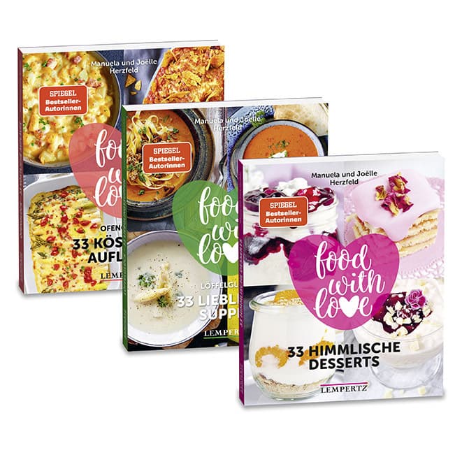 Die 99 besten Herzfeld Rezepte; Bundle; Food with Love; Herzfeld, Manuela / Herzfeld, Joëlle: limitiert auf 1000 Bundle aus 3 Büchern: 33 Himmlische Desserts 33 köstliche Aufläufe 33 Lieblings-Suppen