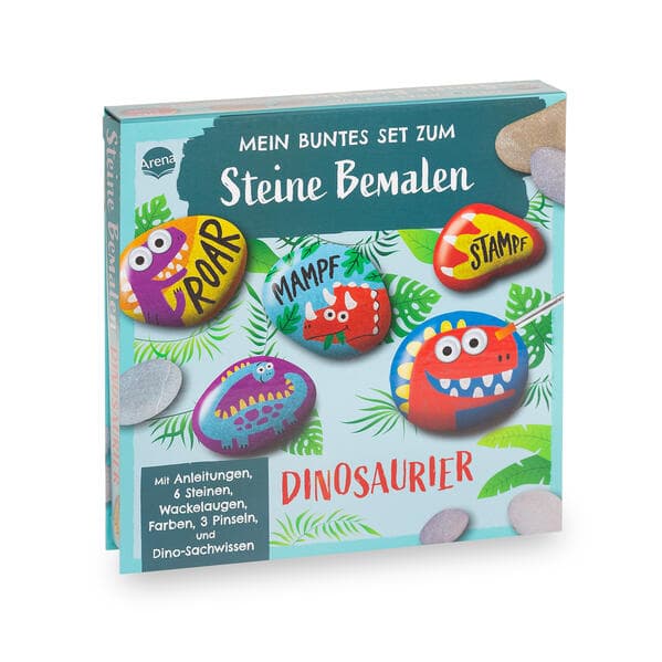 Mein buntes Set zum Steine Bemalen. Dinosaurier: Set mit 6 Steinen, 6 Farben, 3 Pinseln, Wackelaugen-Aufkleber sowie einem Heft mit Anleitungen und Dino-Sachwissen, ab 8 Jahren