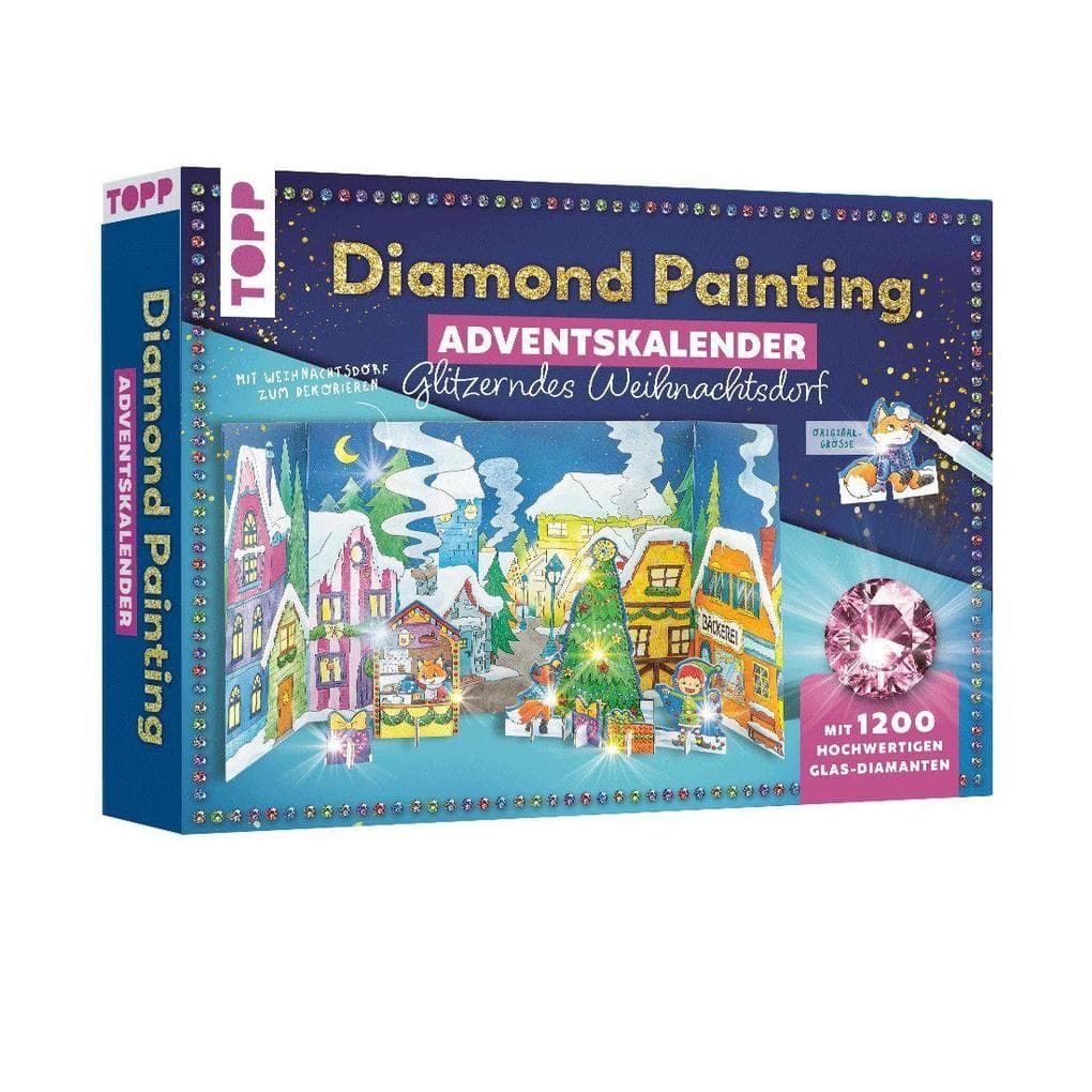Diamond Painting Adventskalender Glitzerndes Weihnachtsdorf. Mit Material und Werkzeug für 24 Aufsteller: Aufstellwand, Werkzeug und 1200 Diamanten aus Glas in verschiedenen Farben für 24 Aufsteller